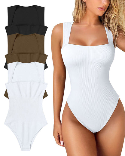 Laatste dag - 49% korting Sexy Geribbelde Strappy Vierkante Hals Mouwloze Buikcontrole Tanktops Bodysuits