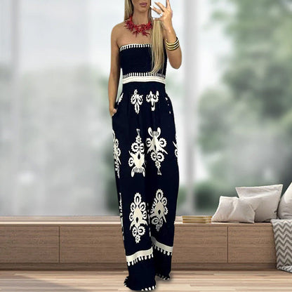 Dames Etnische Print Strapless Jumpsuit met Hoge Taille en Losse Pasvorm