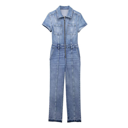 Dames Denim Rits Jumpsuit met Korte Mouwen en Zakken